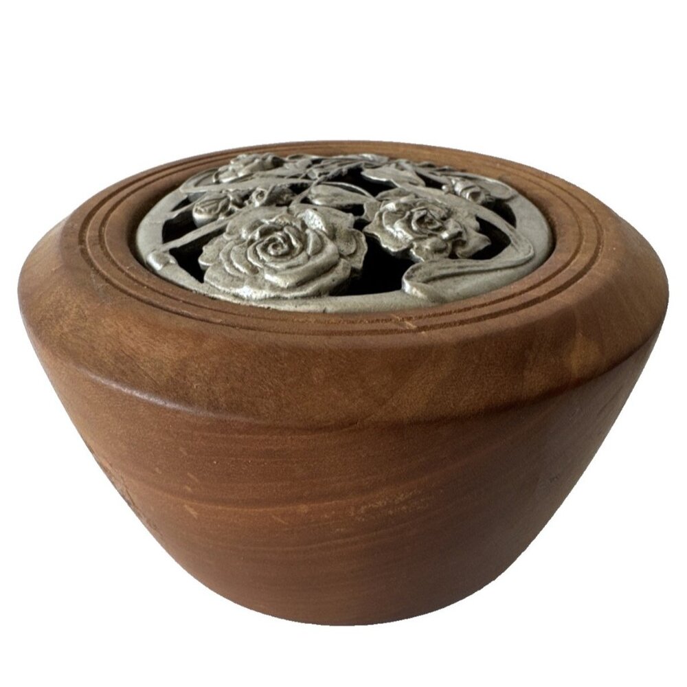 Potpourri Vase Bowl Wood Hand Turned Metal Roses Stash Decor Rare Vintage